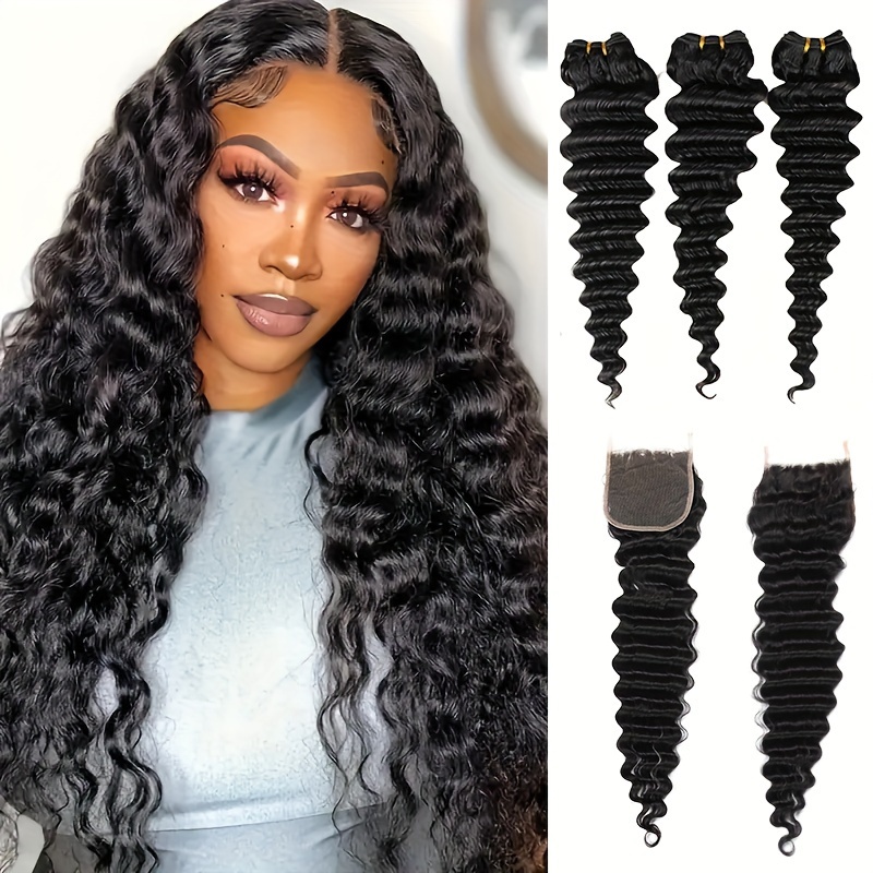 Deep Wave 3 Bundles With Closure - Brezilya Derin Dalgalı Saç Dantel Kapamalı